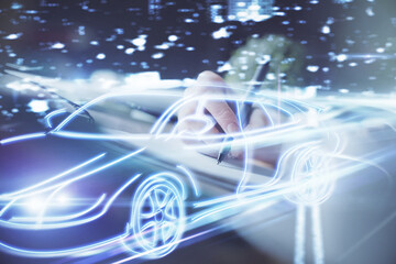 Aufkleber - Tech autopilot theme hologram over woman's hands taking notes background. Concept of hightech. Double exposure