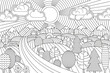 © Алексей Шпадарук - Landscape of geometric elements with lines. Anti stress coloring.Tribal retro doodle vector illustration. Sunset, clouds, mountains, hills, trees.