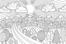 Landscape Of Geometric Elements With Lines. Anti Stress Coloring.
Tribal Retro Doodle Vector Illustration. Sunset, Clouds, Mountains, Hills, Trees.