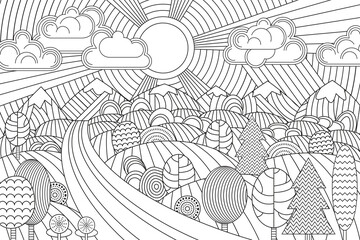 Landscape of geometric elements with lines. Anti stress coloring.
Tribal retro doodle vector illustration. Sunset, clouds, mountains, hills, trees.