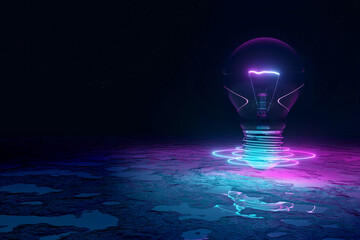 Wall Mural - Lightbulb illuminating reflecting floor with blue and pink neon light 3D rendering