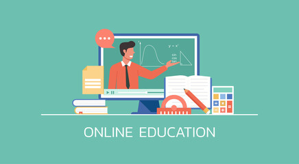 e-learning and online education concept, distance learning, teacher connecting online math lesson via video website platform on computer, vector flat illustration