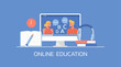 e-learning and online education concept, distance learning, man and woman doing English conversation lesson via video on website platform on computer, vector flat illustration