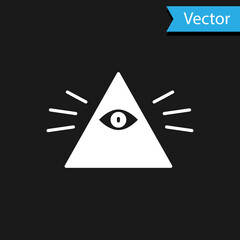 Wall Mural - White Masons symbol All-seeing eye of God icon isolated on black background. The eye of Providence in the triangle.  Vector Illustration