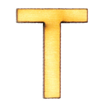 Letter T made of wood or plywood on a white background, isolate, english alphabet, close-up.