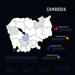  Cambodia country map infographics vector with pointer marks and circle chart.  Editable Infographics template. Vector illustration