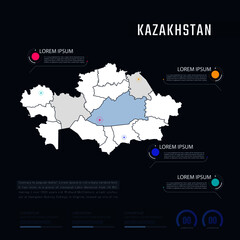  Kazakhstan country map infographics vector with pointer marks and circle chart.  Editable Infographics template. Vector illustration