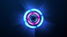 Spinner Of Blue And Pink Lighting With Digitals Waves On A Dark Blue Background. Template For Logo Intro. Digital Abstract Animated Template. Spinning Light. 