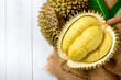 Fresh durian (Kan yao) or Durio zibthinus Murray on sack and old wood background,