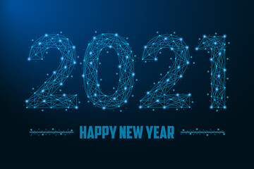 Aufkleber - 2021 New Year illustration made by points and lines, polygonal wireframe mesh on night sky, dark blue background. Low poly greeting card. Vector.