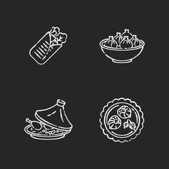 Poster - Traditional dish chalk white icons set on black background. Shawarma from eastern cuisine. Asian dish. Chinese dumpling. Escargot de bourgogne. Isolated vector chalkboard illustrations