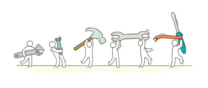 Wall Mural -  - Doodle cartoon little men and tools.