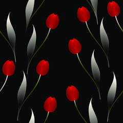 Wall Mural - Seamless pattern with red tulips on a black background.