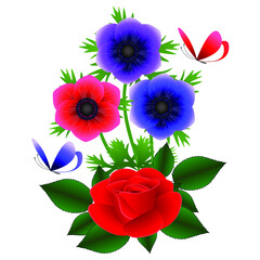 Wall Mural - Bouquet of anemones with a red rose and butterflies.