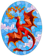 Illustration In Stained Glass Style With Bright Red Dragon With Flames Against The Sky And Clouds Background, Oval Image