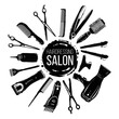 Black graphic hairdresser decorative set with beauty haircut accessories and equipment with round haircut salon logo in center. Beauty salon and barbershop background.
