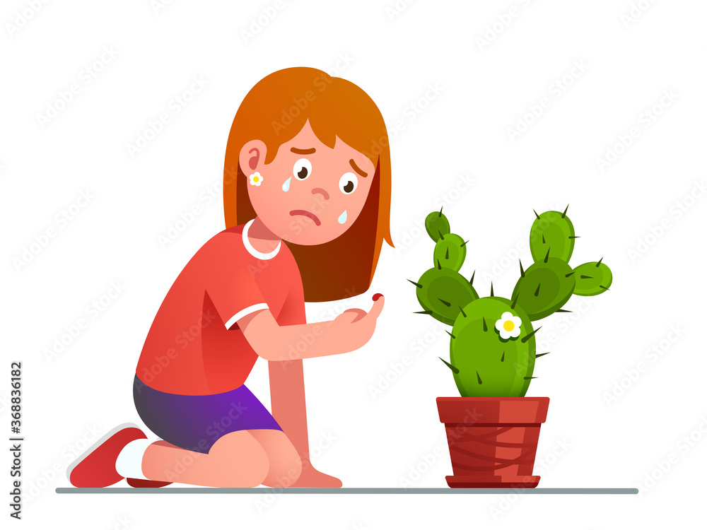 Girl crying over cactus thorn sting pricked finger Stock Vector | Adobe  Stock