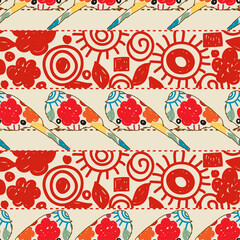Poster - Flowers stripes and birds seamless pattern, in folk style