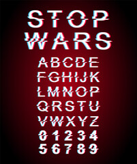 Fototapete - Stop wars font template. Retro futuristic style vector alphabet set on red background