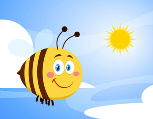 Wall Mural - Smiling Cute Bee Cartoon Character Flying. Raster Illustration With Background