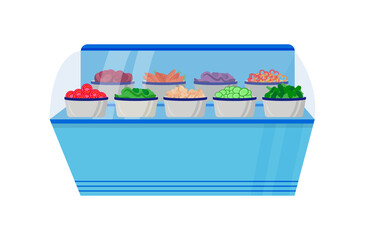 Poster - Vegetable counter flat color vector object. Vegetable in boxes in freezer.