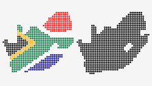 Map Of South Africa, In Dotted Style. One Version Includes The Flag, The Other Is Simply Black. Vector Graphic.