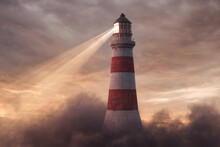 3d Rendering Of An Illuminated Lighthouse Over Fluffy Clouds In The Beautiful Sunset