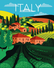 Italian Country Landscape In Rolling Hills With Farm Fields Filled With Green Crops And Red Roofed Farm Buildings Amongst Cypress Trees, Colored Vector Illustration