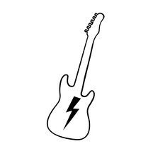 Silhouette Of Electric Guitar With Lightning Rock Tattoo Blowing Illustration Linear Drawing.