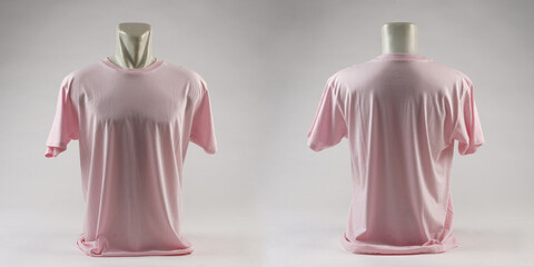 Wall Mural - Blank pink tshirt template, from two sides, natural shapes on mannequins, for your mockup design to be printed, isolated on a white background.