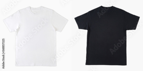 Blank black and white shirt mock up template, front and back view, isolated on white, plain t-shirt mockup. Tee sweater sweatshirt design presentation for print.