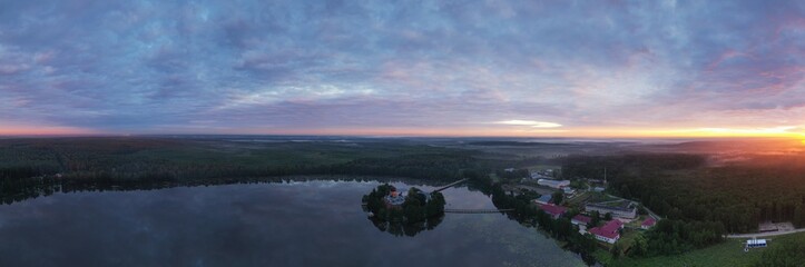 island ancient monastery in the middle of the lake at sunrise