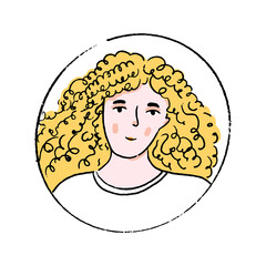 Young blonde woman with long curly hair in white tee. Doodle vector portrait of girl in round frame.