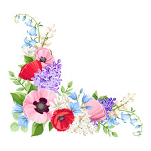 Vector Floral Corner With Red, Pink, Blue And Purple Poppies, Lilac Flowers And Bluebells Isolated On A White Background.