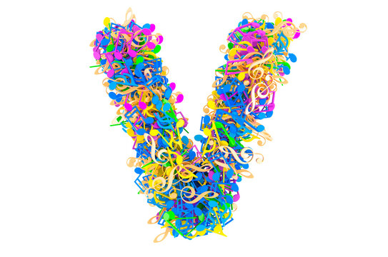 Letter V from colored musical notes. 3D rendering