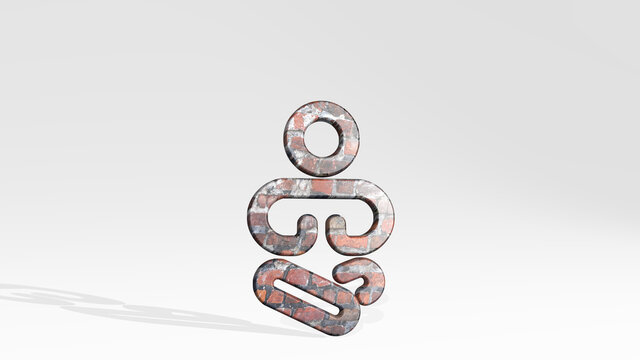 YOGA MEDITATE casting shadow from a perspective. A thick sculpture made of metallic materials of 3D rendering. woman and illustration