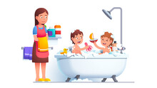 Boy And Girl Siblings Family Bathing Playing Games