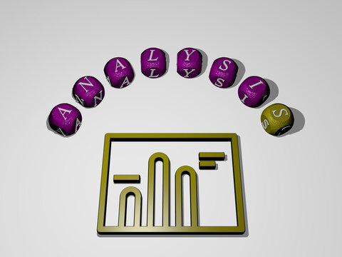 3D illustration of analysis graphics and text around the icon made by metallic dice letters for the related meanings of the concept and presentations. business and background