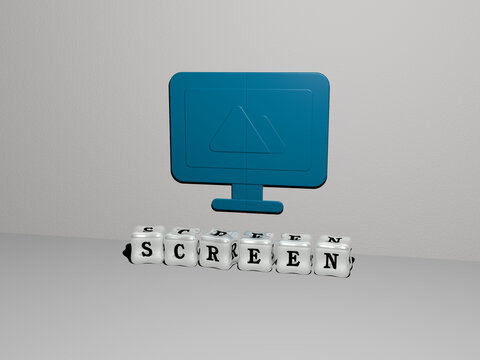 3D illustration of SCREEN graphics and text made by metallic dice letters for the related meanings of the concept and presentations. background and business