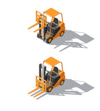 Isometric Set Forklift Truck With Pallet And Boxes Isolated On White Background. Fork Loader, Logistics Company, Warehouse. 3D Cargo Delivery Infographics. Forklift With The Fork Raised And Lowered