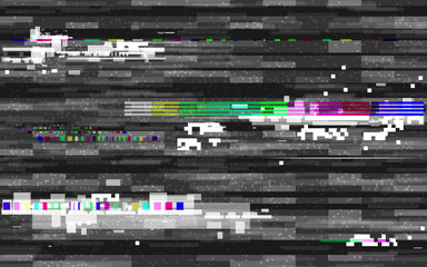 Wall Mural - Glitch digital with color distortion. Retro VHS backdrop. Glitched lines and pixel noise. No signal template. Black and white TV texture. Old television effect. Vector illustration