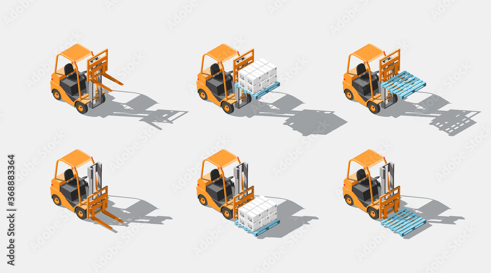 Isometric set Forklift truck with pallet and boxes isolated on white ...