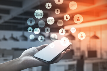 Aufkleber - Hand holding cellphone with glowing email network interface.