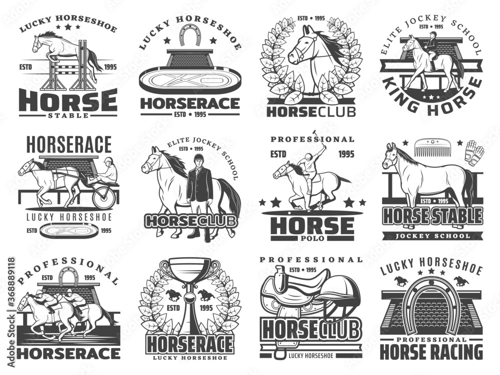 Horse race, polo and equestrian sport club vector icons. Isolated racehorses, jockeys, hippodrome and competition trophy cups, horseshoes, saddle, whip and harness, helmets, mallets and racetrack - obrazy, fototapety, plakaty 
