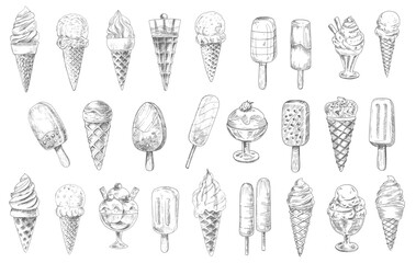 Wall Mural - Ice cream cone, sundae dessert and stick vector sketches, hand drawn food. Ice cream waffle cones with vanilla and chocolate scoops, gelato, frozen sorbet and popsicle with strawberry flavor and nuts