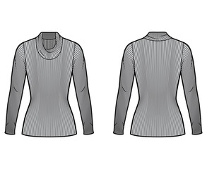 Ribbed cowl turtleneck knit sweater technical fashion illustration with long sleeves, close-fitting shape, tunic length. Flat sweater apparel template front back grey color. Women men unisex shirt top