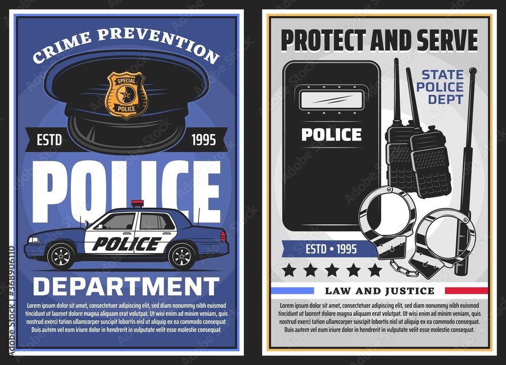 Police department serve and policing, law and justice vector design. Police officer uniform cap with badge, patrol car and handcuffs, baton, radio scanners and tactical anti riot shield posters - obrazy, fototapety, plakaty 
