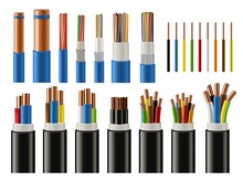 Cables And Wires Realistic Vector Of Electrical Power, Network, Television And Telephone. Energy Cables With Insulated Copper Conductors, Twisted Pairs, Multicore Coaxial And Fiber Optic Wires