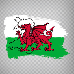 Wall Mural - Flag of   Wales from brush strokes. Blank map of   Wales. Great Britain. High quality map of   Wales and flag on transparent background. UK. Stock vector.  EPS10.