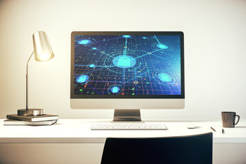 Poster - Creative lock sketch with chip hologram on modern computer monitor, protection of personal data concept. 3D Rendering